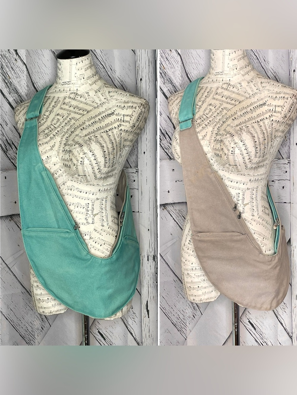 Sash canvas bag reversible tan/turquoise